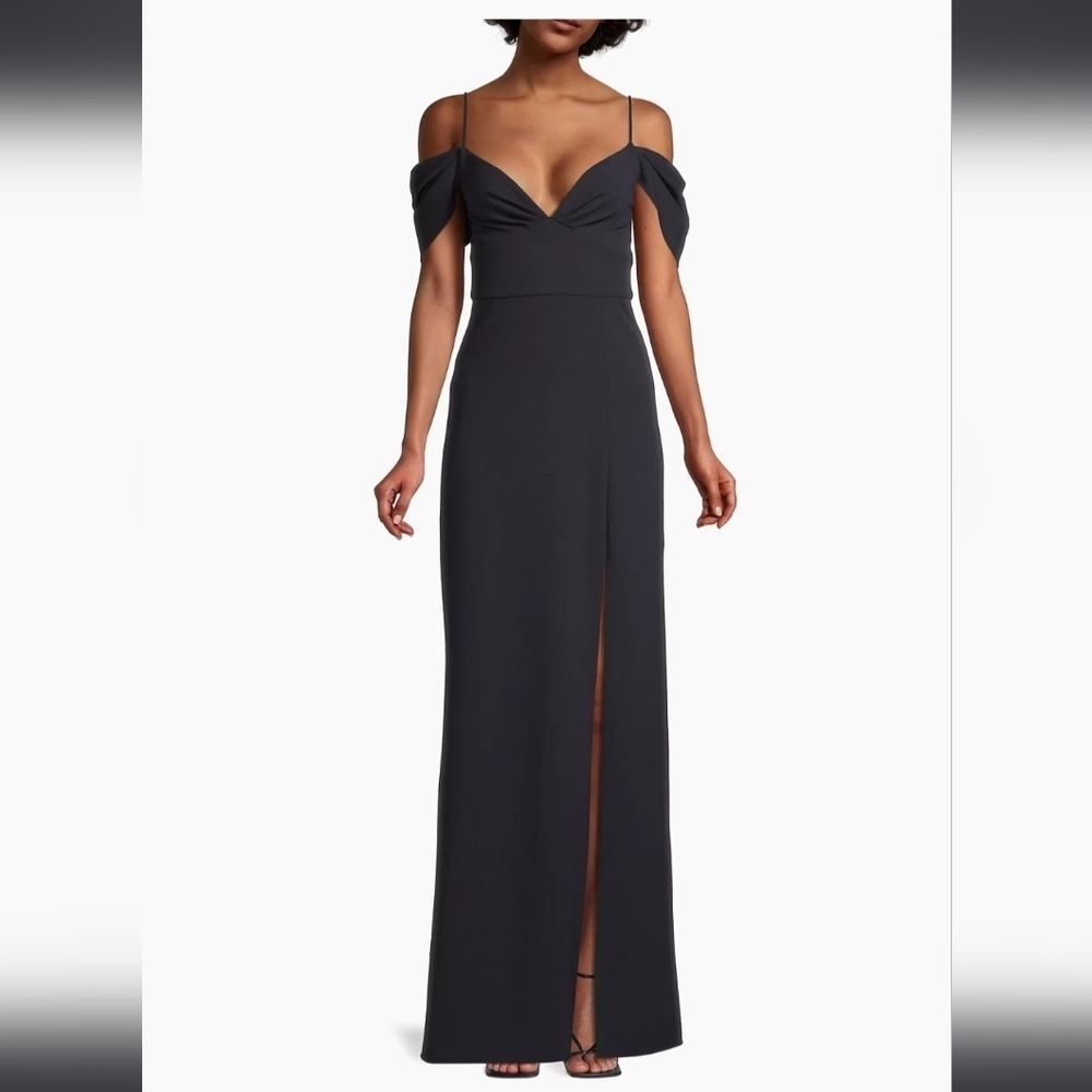 NWT! Sachin & Babi, Brittany Stretch Crepe Cold-Shoulder Gown, Navy -MSRP $285 - Picture 2 of 16